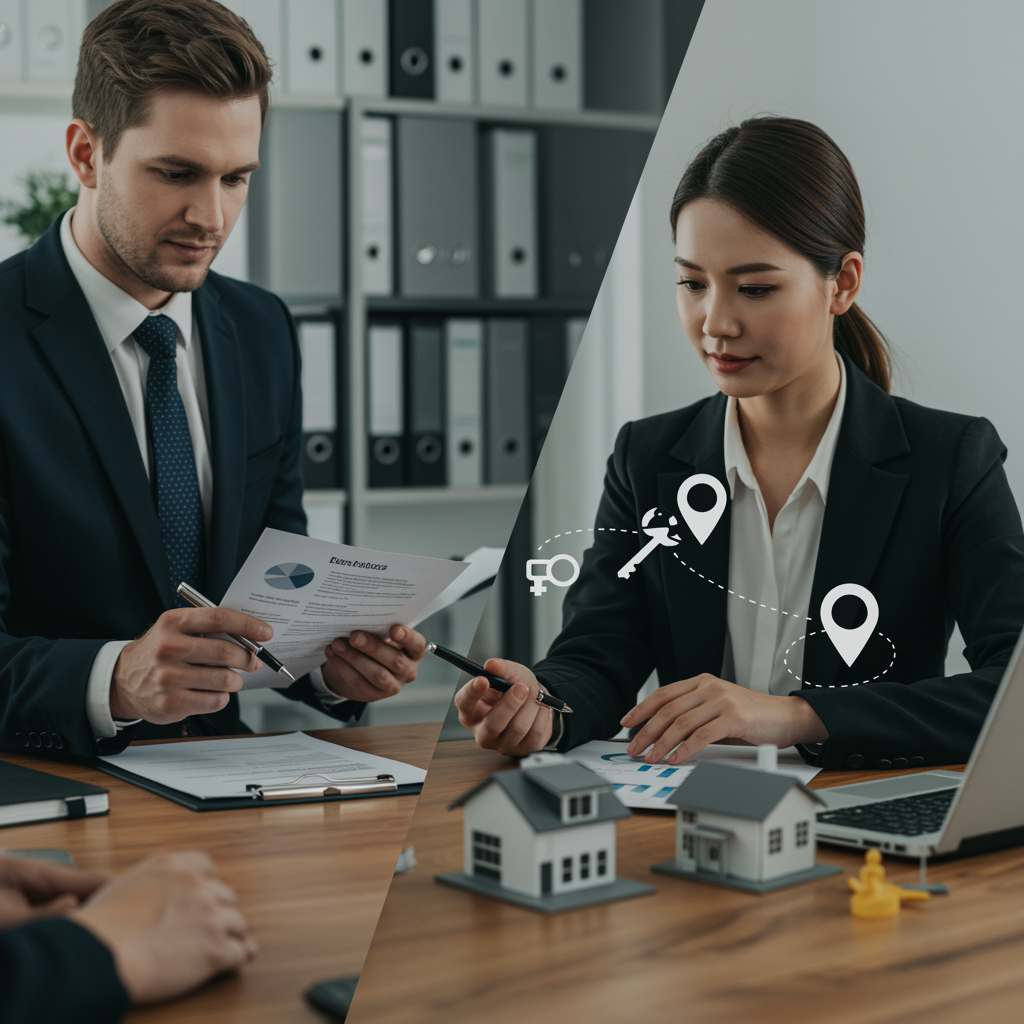 imagen1 1 "Ilustración digital de alta resolución que muestra servicios inmobiliarios integrales, con un asesor y una consultora analizando contratos y gráficos de mercado en un entorno corporativo moderno."