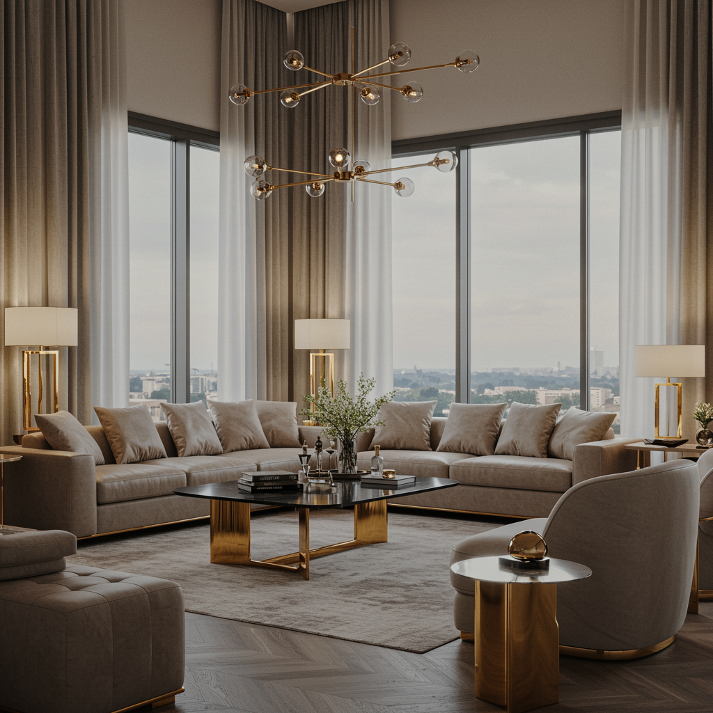 imagen1 "Salón elegante y espacioso con decoración contemporánea, grandes ventanales y toques dorados que reflejan sofisticación y comodidad."