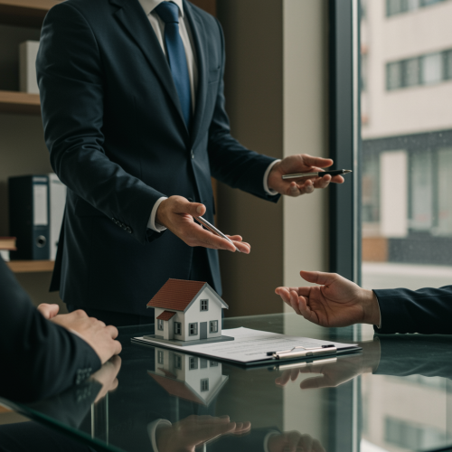 imagen2 "Agente inmobiliario presenta modelo arquitectónico y contrato a inversor en oficina moderna con iluminación cálida."