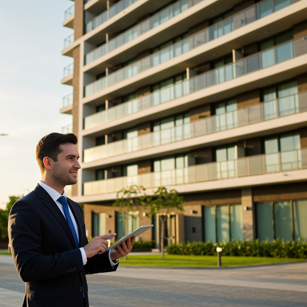 imagen5 1 "Vista exterior de un moderno edificio residencial de lujo con un gerente inmobiliario sonriente, sosteniendo una tablet, durante la hora dorada, destacando servicios de gestión de propiedades."