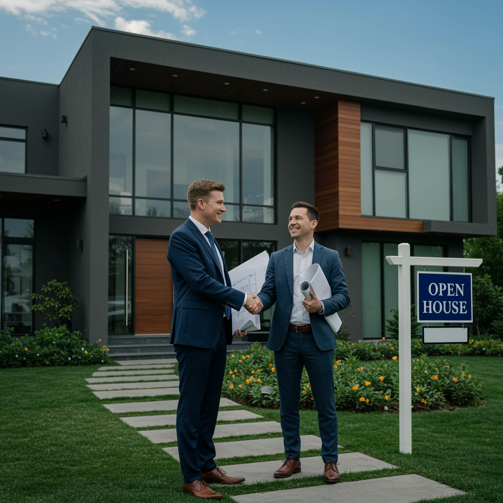 "Agente inmobiliario en traje azul frente a casa moderna, presentando planos arquitectónicos y estrechando manos con cliente sonriente, simbolizando confianza y éxito en negocios de bienes raíces."