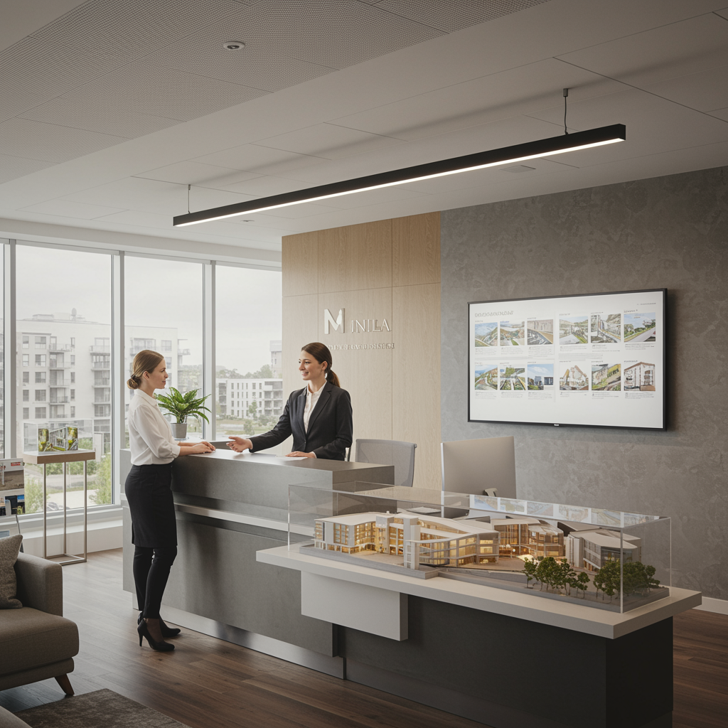 imagen5 4 "Ilustración digital realista de una moderna oficina de gestión inmobiliaria, mostrando a una gerente recibiendo a un cliente en un ambiente profesional y acogedor."