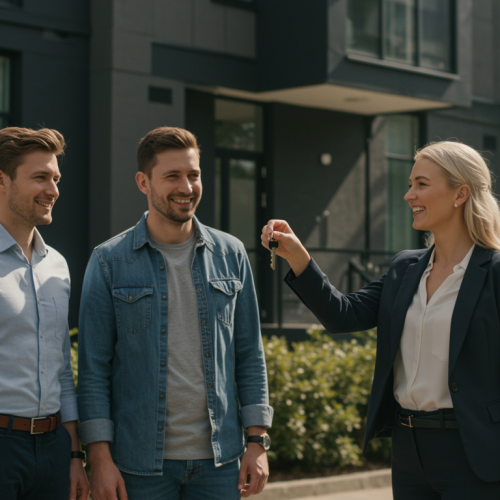 slider "Gestión de propiedades: pareja feliz recibiendo llaves de su nuevo apartamento en una soleada escena exterior."